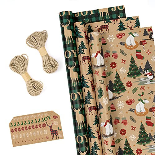 RUSPEPA Weihnachtspapierpapierrollen Mit Etiketten, Juteschnur - 43 cm X 3 Meter Pro Rolle, Insgesamt 3 Rollen