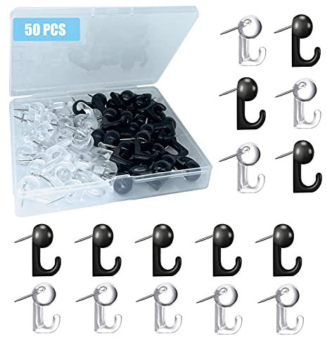 50 PCS Push Pin Hooks, Plastic Heads Cork Board Hooks Decorative Thumb Tacks Hook for Photo Wall, Bulletin Board, Home Wall, Home Office School Supplies (Black and Clear)