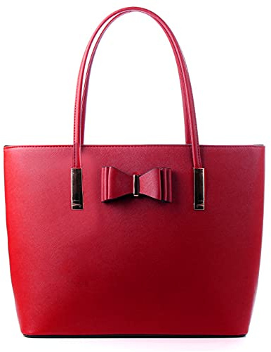 WEDMAY Women's School Handbag, Large Tote Bag with Zip and Bow | Fits 15.6 inch laptop, A4 folders, top zip closure, bow design, faux leather, structured base stands upright, inner pockets