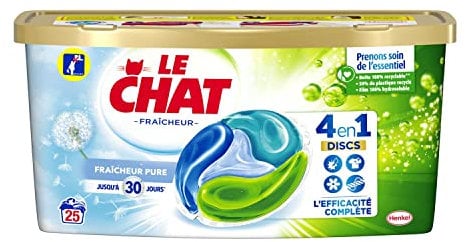 LE CHAT Discs Fraicheur Pure – 25 Lavages (25 doses) – Lessive en Capsules 4 en1