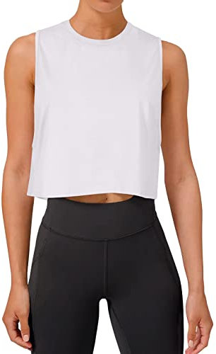 REORIA Damen Crop Tops Workout Tops Lose Ärmellose Cropped Muscle Tank Open Back Shirts Weiß L