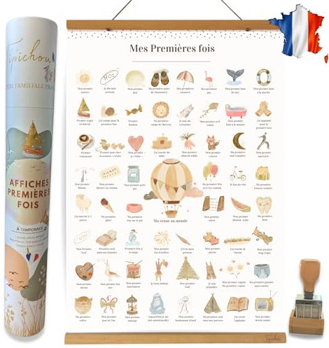 TIPICHOU Affiche mes premières fois à tamponner Cadeau naissance bébé fille garcon, boite souvenir parents, femme enceinte jeune maman (COFFRET Affiche A2+Cadre baguette+Tampon)