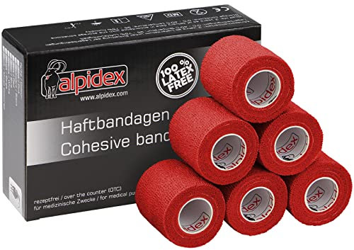 ALPIDEX 6 Rollen Haftbandage 5 cm x 4.5 m Selbstklebender Verband Pet Bandagen Fixierband Sport Vet Wrap Tape Selbsthaftend, Farbe:rot