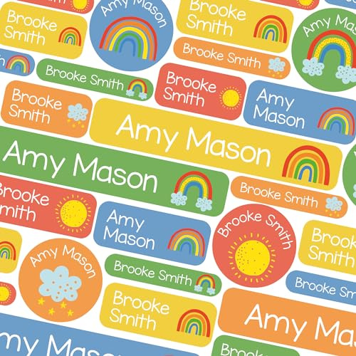 123 Name Labels for Kids No Iron Name Tags for Clothes Name Stickers for Water Bottles, School Uniform, School, Nursery, Care Homes, Washable and Dishwasher Safe for Children (Bright Rainbows)
