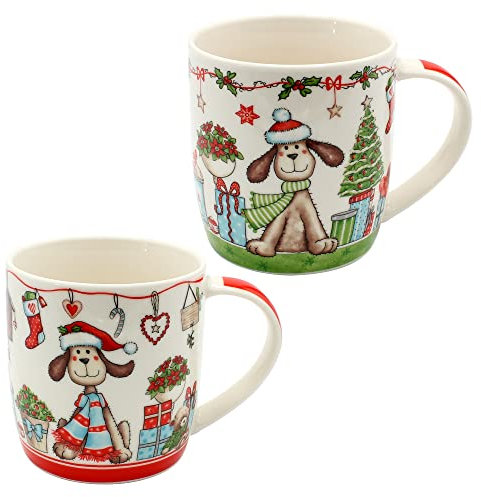 Dekohelden24 Porzellan Weihnachts-Tassen/Becher - Weihnachtshunde mit Weihnachtsdekor- als 2er Set, Größe H/Ø ca. 9 x 8,5 cm, Fassungsvermögen ca. 360 ml, spülmaschinenfest