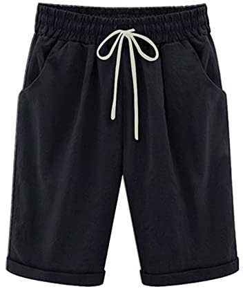 oglccg Half Pants Plus Size Knee Length Cotton Linen Shorts with Pockets Summer Solid Beach Vacation Shorts Straight Leg Trousers Drawstring Elastic Waist Bermuda Shorts Work Shorts, Black