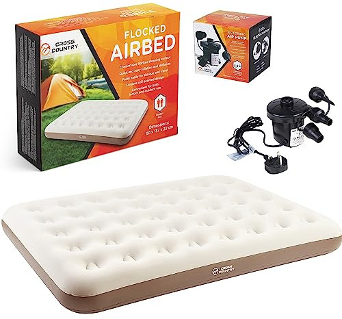 CROSS COUNTRY Double Camping Air Bed with Electric Pump – Flocked Inflatable Mattress with Coil Beam Support | Waterproof Blow Up Bed for Guests, Festivals & Travel | Quick Inflate & Deflate