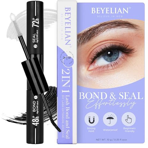 BEYELIAN Colla Ciglia Finte, Lash Bond and Seal, Colla per Ciglia Finte a Grappolo Individuali fai-da-te Estensioni Ciglia Senza Lattice Sigillante Lashes Glue Tenuta Super Forte 48 Ore