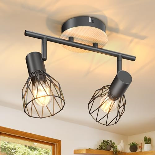 Kimjo LED Deckenstrahler 2 Flammig Schwenkbar - Spot Lampe Schwarz Deckenlampe Holz E14 Wandleuchte 2 Flammig - Strahler Deckenleuchte Wohnzimmer Lampe Küche Decke - Lampe Wand Ohne Leuchtmittel