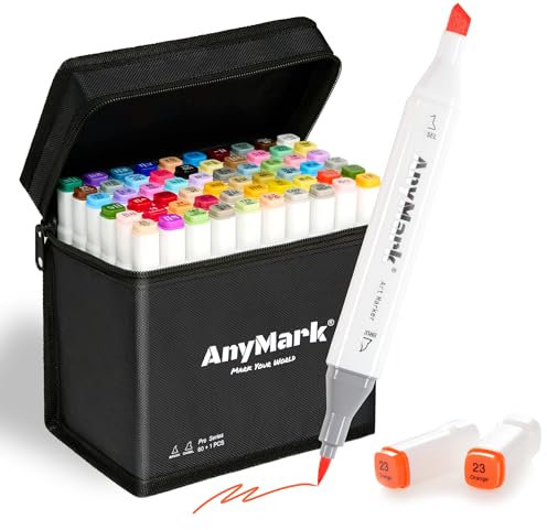 AnyMark Alcohol Markers Brush Tip, 60+1 Colors Dual Tip Brush & Chisel Alcohol-Based Art Markers Set with Case for Artists Drawing Colouring