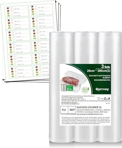 Vakuumbeutel Lebensmittel - 3 Rollen Vakuumierfolie 20 x 300cm, BPA-frei Vakuumierbeutel für alle Vakuumierer, Kochfest, Sous Vide, Mehrweg, Inkl. Dreifach Sticker Aufnahmezeit