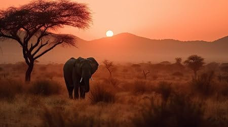 adrium Cuadro de aluminio compuesto de 110 x 60 cm: un elefante de pie en la hierba al atardecer con árboles y montañas en el fondo, tomada detrás del Himalaya (205443200)