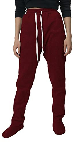 Pantalon de pyjama pour adulte avec pieds - Taille élastique - Cordon de serrage - Jersey de coton - Pantalon de jogging uni - Vêtement de nuit avec poches, Rouge, M