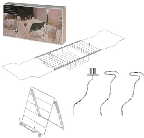 Chrome Extendable Bath Rack with Book/Kindle Holder, Wine Glass & Candle Holders for Showers, Baths & Other Parts