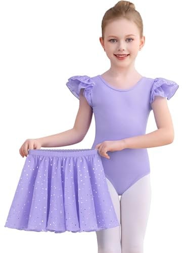 Comfyouth Ballettkleidung Ballettkleid Mädchen Rüschenärmeliger Ballett Turnanzug mit Abnehmbarem Rock Glitzer Ballettanzug für Kinder 2-11 Jahre