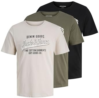 JACK & JONES Men's Jjethan Cotton T-Shirt 3-Pack Regular Fit Short Sleeve Crew Neck, Dusty Olive, S
