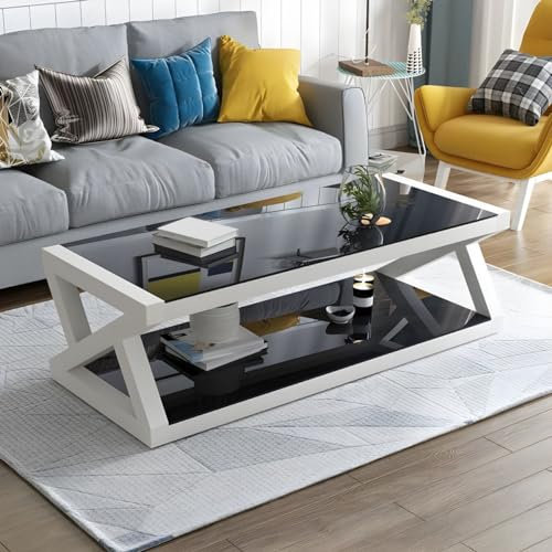 Table basse moderne avec plateau en verre avec étagère de rangement, table basse rectangulaire, table basse de bureau, table basse en verre trempé, plateau noir, base de table blanche, 100,3 x 61 x