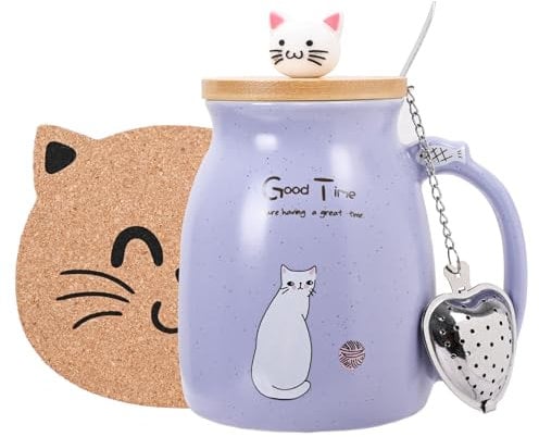 pobuu Cat Mug with Infuser and Lid,Cute Christmas Coffee Cup with Stainless Steel Spoon,Ceramic Morning Cup Coffee Milk Tea Mugs Christmas Birthday Gfits for Cat Lovers Women,Purple