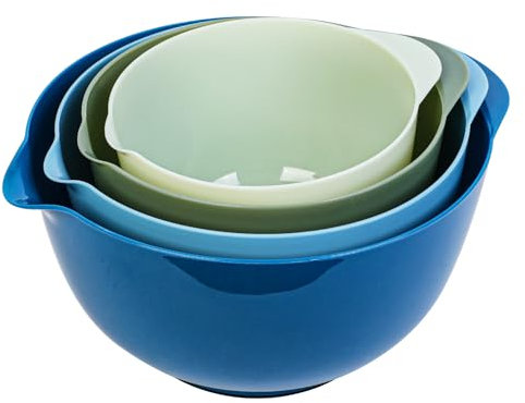 BoxedHome Sapphire Nesting Plastic Mixing Bowl Set with Pour Spout, Microwave and Dishwasher Safe, BPA Free Non-Slip Base, Set of 4, Great for Prepping, Baking, Cooking
