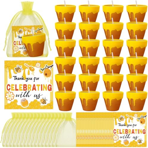 Conelist 24 Sets Bienenmotiv-Kerzen-Set für Babyparty, Gastgeschenke, süße Honigglas-Kerzen mit Dankeschön-Etiketten, Organza-Beutel für Gäste, Geschlechtsoffenbarung, Party-Dekoration, Geschenke