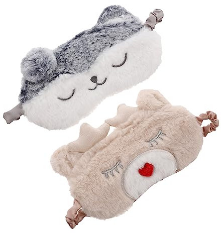Healeved 2pcs Dog Deer Plush Satin Sleep Mask Eye Mask for Girls Women Night Blindfold Comfortable Material for Travel Home