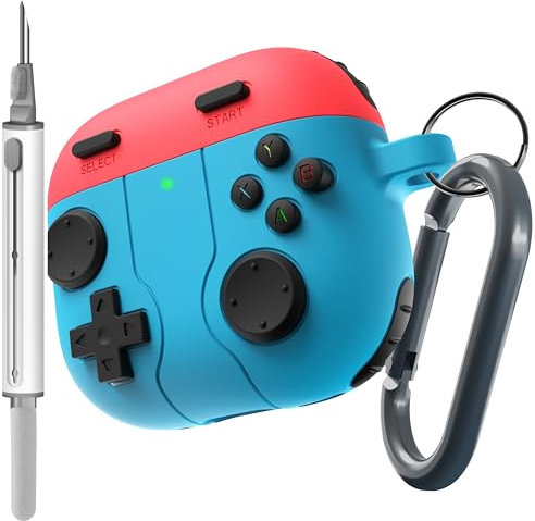DamonLight Game Case für AirPods 4 Cover Stoßfeste Schutzhülle Silikon Hülle mit Reinigungsstift und Schlüsselanhänger Zubehör für Apple Airpods 4th Generation (Rot & Blau)