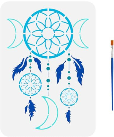 FINGERINSPIRE Malschablone Mit Traumfängern Und 1 Kunststoffpinsel 21x29.7cm Wiederverwendbare Schablone Mit Federmuster Dreifachmond Schablone Mond Traumfänger Vorlage Zum Malen Auf Holzwänden
