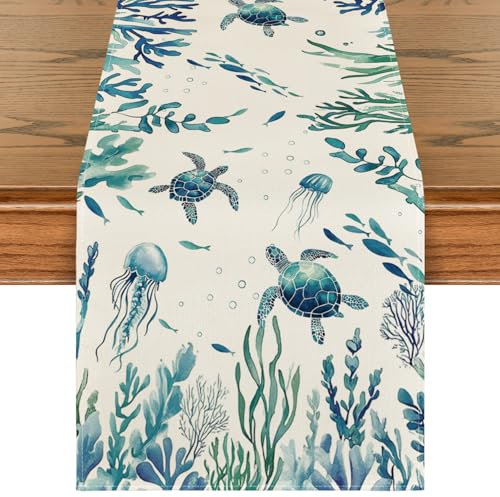 Artoid Mode Schildkröten Wasserpflanzen Ozeane Sommer Tischläufer, Saisonnal Küche Esstisch Dekoration Drinnen Urlaub Party Dekor 40x140 cm