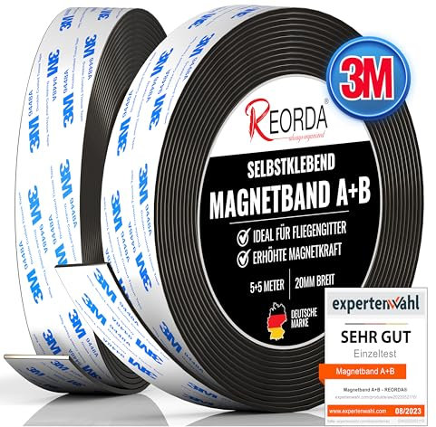 REORDA® Magnetband A B (EXTRA STARKER 3M KLEBER) selbstklebender Magnetstreifen für Fliegengitter & Moskitonetze für beste gegenseitige Anziehung - Magnetband selbstklebend