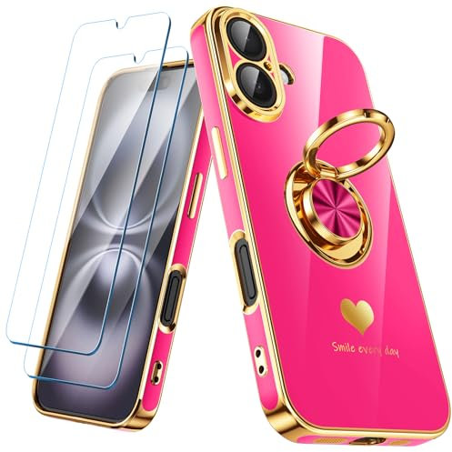Nonional Compatible for iPhone 16 Case with 2 Pack Screen Protector, 360° Rotatable Ring Holder [Luxury Hearts Pattern] Plating Gold Edge Slim Soft Phone Cover Case for iPhone 16 - Hot Pink