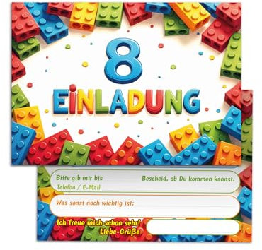 12 Einladungskarten zum 8. Kindergeburtstag Bausteine Kinder Jungen Mädchen coole bunte Einladungen achte Geburtstag Geburtstagseinladungen Kids