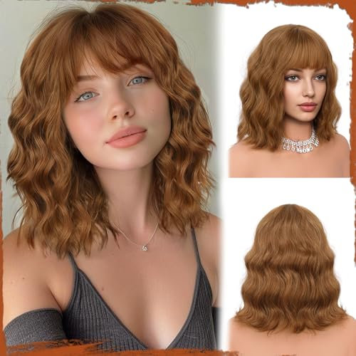 Sofeiyan Kurze Gewellte Bob Perücke mit Pony Damen 30 cm Auburn Synthetische Perücke für Frauen Natürliche Lockige Perücke für Cosplay Alltag Party Halloween