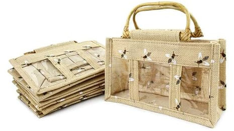 4Bee Set von 5 Jutebeuteln – Jutesack – Für Honiggläser – Für Imkereigeschäfte – Mit Bambusgriffen – 3 Fenster – Wiederverwendbare Tasche - Muster Bienen, Für 3 Gläser 250g