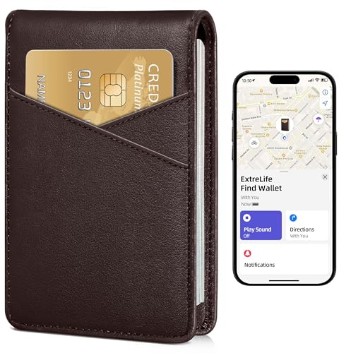 Smart Men Wallet with Find My Wallet Tracker, RFID Blocking Bifold Credit Card Holder, Left-Behind Alerts, Play Sound, Anti-Loss, Wireless Rechargeable, Works with iPhone, iPad, Mac, PU Dark Brown