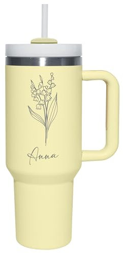 Thermobecher personalisiert „Wunschname“ mit Gravur & Blumen-Motiv - Trinkbecher mit Deckel und Strohhalm 1,2 l / 40 oz - personalisiertes Geschenk Geburtstag Weihnachten - Farbe Creme