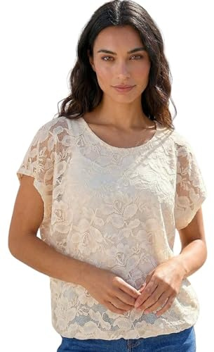 Roman Floral Lace Overlay Stretch Top for Women UK Ladies Spring Everyday Summer Holiday Round Neckline Comfy Short Sleeve Soft Bubble Hem Shirt Office Business - Floral Ivory - Size 14