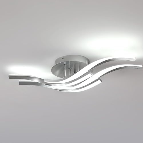 Mckalen LED Ceiling Light Silver, 32W 3600LM Modern 4-Curved Ceiling Lamp Wavy Design, LED Light Fitting Fixtures for Living Room, Hallway, Kitchen, Bedroom, Cool White 6500K, 60CM