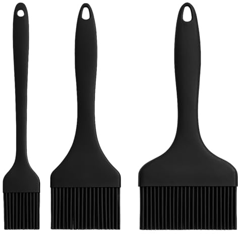 3er-Set Backpinsel Silikon, 21cm Länge Set Küchenpinsel für Backen, Grillen und Kochen, 9.1/7/ 3.2cm Breiter Hitzebeständiger Silikonpinsel mit Ergonomischem Griff, Ideal für Saucen, Schwarz
