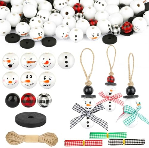 Wqafe 120 Stücke Holzperlen Schneemann 20mm Holzkugeln mit Loch Schneemann Weihnachtsperlen mit Kariert Stoffband Juteschnur für DIY Weihnachten Winter-Dekorationen