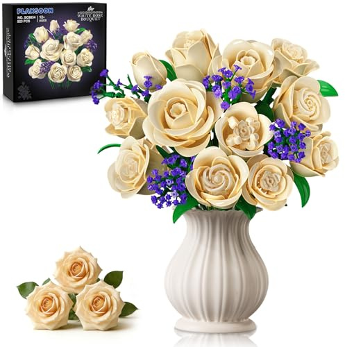 PLAXSOON Bouquet de roses blanches - 523 pièces - Collection de plantes - Jouet de blocs de construction - 12 fleurs comme décoration de plantes d'intérieur - Pour adultes et enfants - 8+