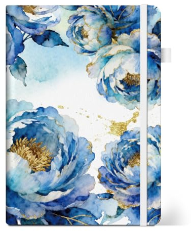 ANATTASOUL Blau-und Gold-Verlauf Pfingstrosen Notizbuch für Journal | 14.5x21x1.9cm Notebook Liniert A5 Tagebuch mit 320 Seiten für Schule, Arbeit und Zeichnen, tolles Geschenkbuch