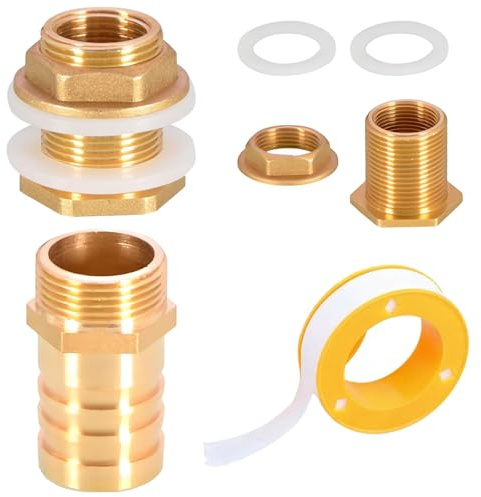 Jiavlyx 1 Satz Messing Tankverschraubung, 1 Zoll Außengewinde x 3/4 Zoll Innengewinde, Regentonnendurchführung, mit Schlauchtülle 25mm, Tankverschraubung, Für Wasserhähne, Wassertonnen, Wassertanks