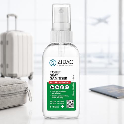 Zidac Toilet Seat Sanitiser Spray 50ml, Pocket/Handbag Size Toilet Cleaner, 70% Ethanol Portable Bathroom Hygiene Spray for Public Toilets, Outdoor Toilets, Travel, Camping, Work, School & On The Go