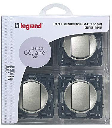 LEGRAND - Interrupteur Simple ou Va-et-vient Doigt Large Céliane Soft - 10A - Commande d'Eclairage - Prêt à Installer - Titane - Fabriqué En France - Lot de 4