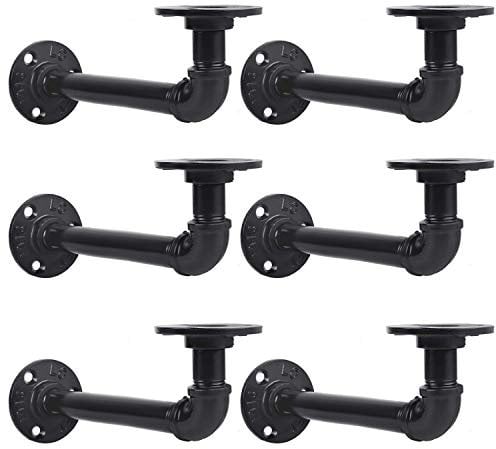 EQUASON Rohr-Regalhalterungen, 6 (19 x 9 cm), Eisenrohrhalterungen, industrielle Rohr-Regalhalterungen für benutzerdefinierte schwebende Regale, DIY, rustikale Regalhalterungen, schwarze Hardware im