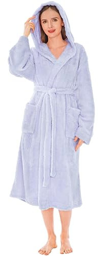 PaVILIA Damen Bademantel mit Kapuze, flauschig, warm, Fleece, Sherpa-Zottel-Bademantel - Blau - Small / Medium