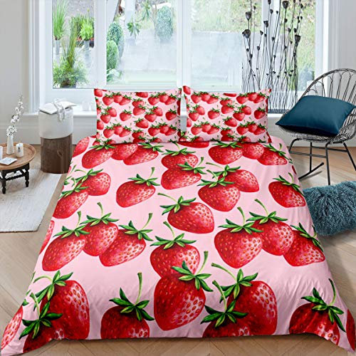 Homewish Erdbeer Bettwäsche Set Obst Thema Bettbezug Set Frisch Erdbeer Bedruckte Bettdecke Für Kinder Mädchen Frauen Gemüse Lebensmittel Reichhaltige Bettwäsche 135x200 Schlafzimmer Dekor Pink