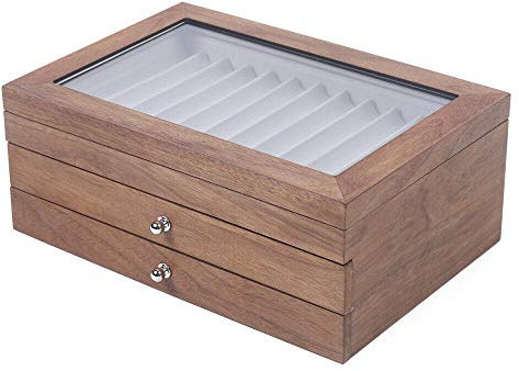 Fetcoi Stifthalterbox Stifte Sammelbox Stifthalterbox mit 3 Ebene Vitrine Federhalter Display Organizer Box mit Glasfenster für 34 Füller Stifte, Nussbaumholz Walnut Wood