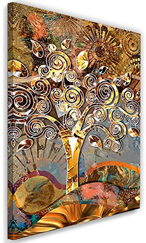 Feeby Vlies Leinwandbild Gustav Klimt Moderner Stil Lebensbaum Gemälde 60x90 cm Druckbild Wandbild Wanddekoration Deko Wand Aesthetic Gewirbelte Zweige Blumen Goldrinde Gold