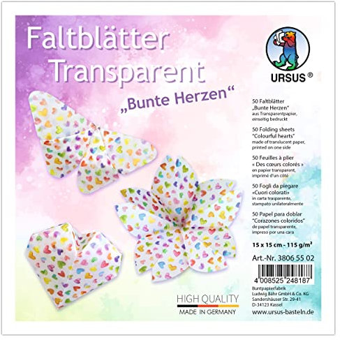 Ursus 38065502 - Transparentpapier-Faltblätter Bunte Herzen, 50 Faltblätter 15 x 15 cm, einseitig bedruckt, zum Basteln und Falten von Figuren, Sternen und Fensterbildern